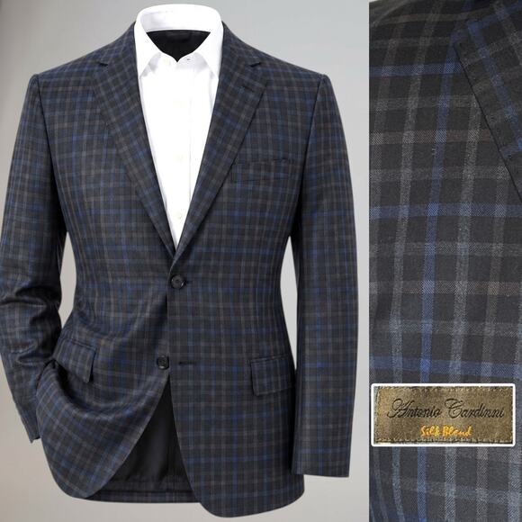 Antonio Cardinni Other - Antonio Cardinni 40L Blazer Wool Silk Blend Gray Blue Plaid